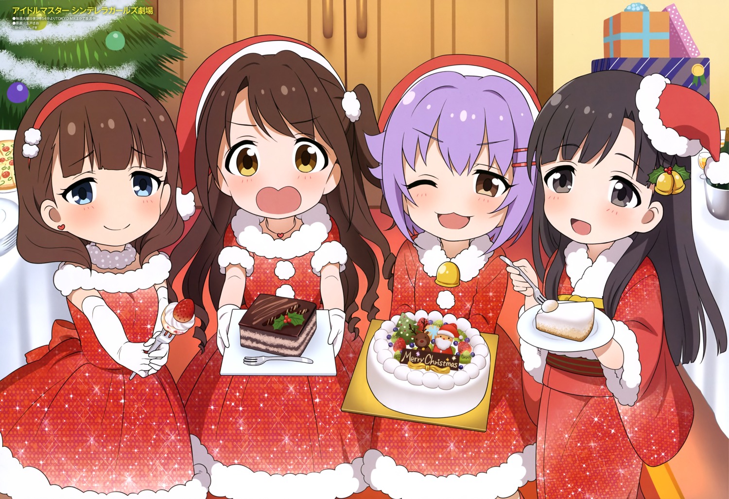 christmas, dress, kimono, kobayakawa_sae, koshimizu_sachiko, sakuma_mayu, shimamura_uzuki, tamado_sao, the_idolm@ster, the_idolm@ster_cinderella_girls