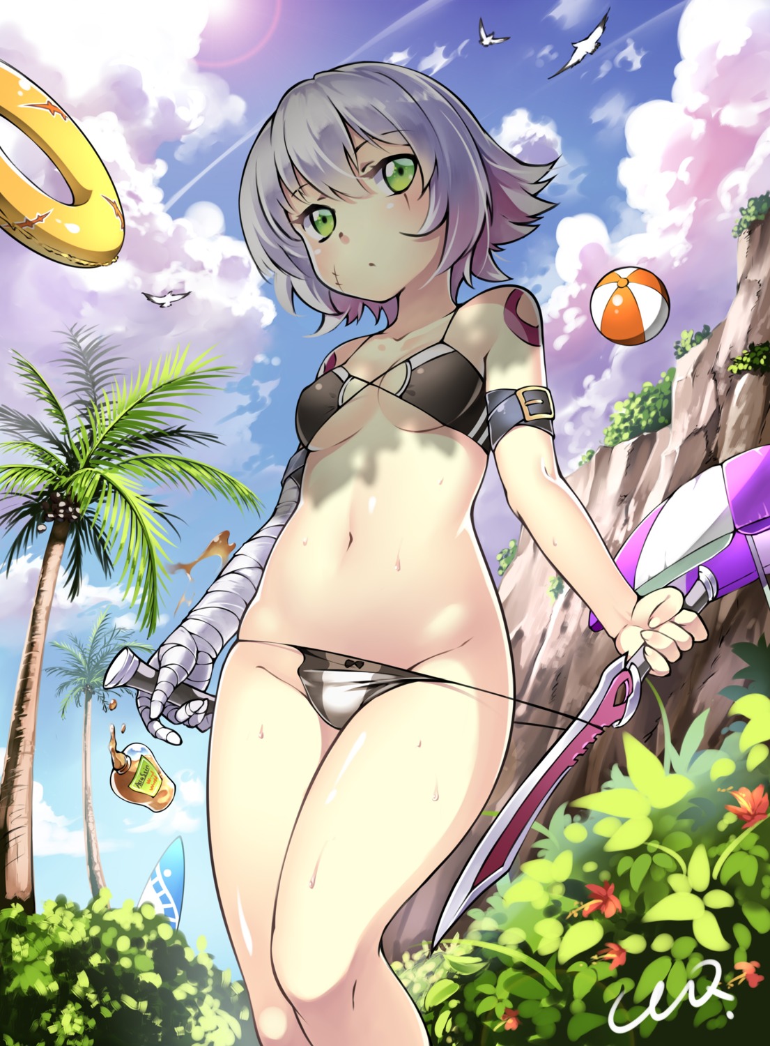bandages, bikini, ccq, fate/apocrypha, fate/stay_night, jack_the_ripper, panty_pull, swimsuits, tattoo, underboob, undressing, weapon