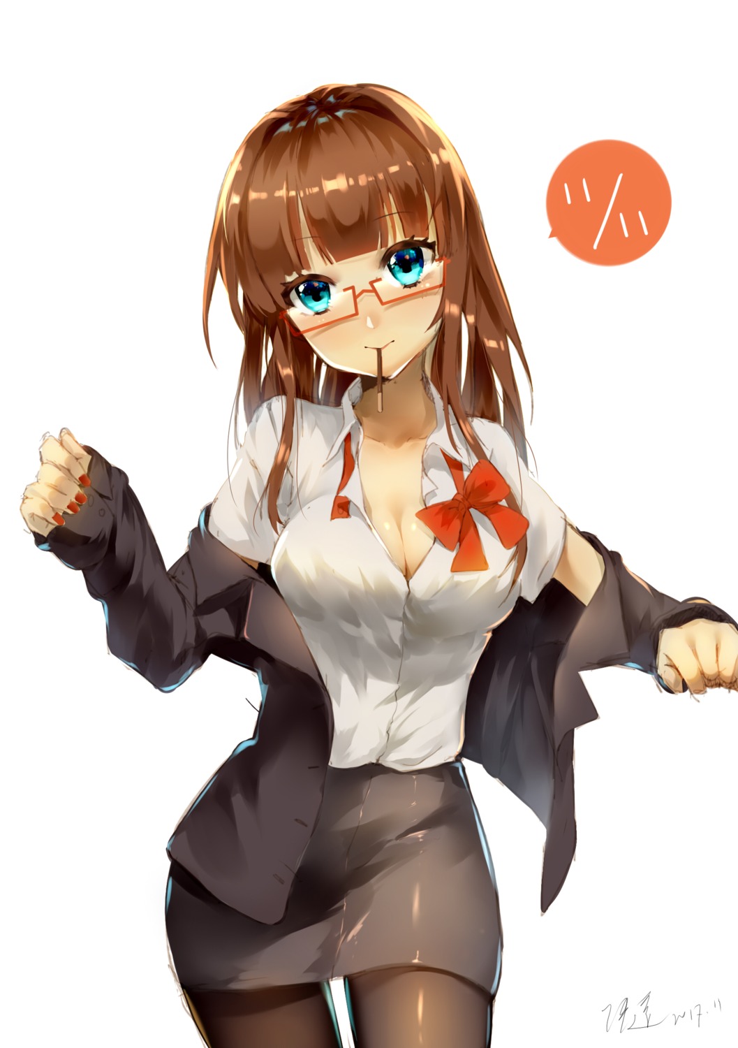 business_suit, cleavage, ihachisu, megane, open_shirt, pantyhose