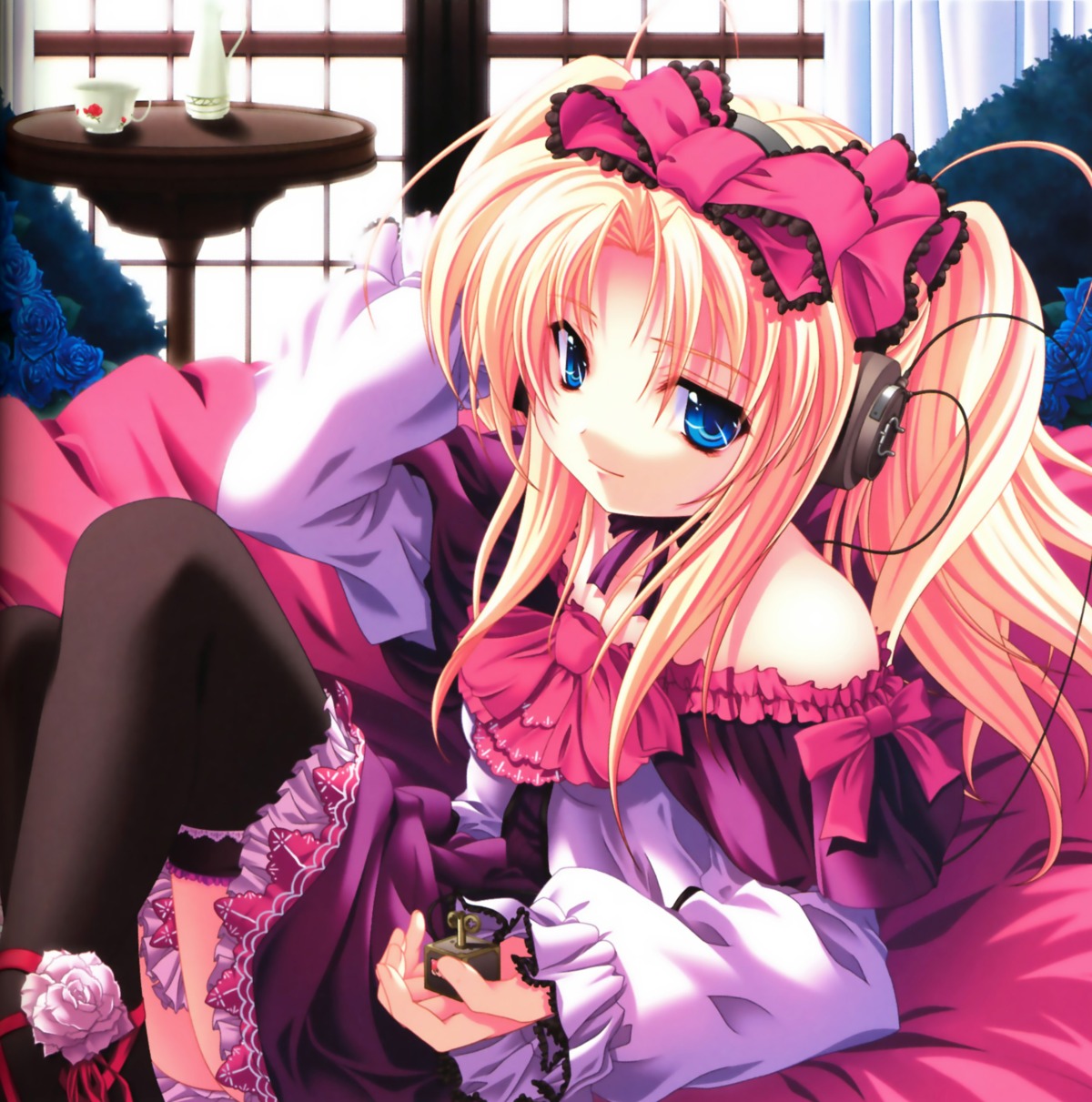 binding_discoloration, headphones, kanojo-tachi_no_ryuugi, lolita_fashion, miyama-zero, shirogane_tobari, thighhighs