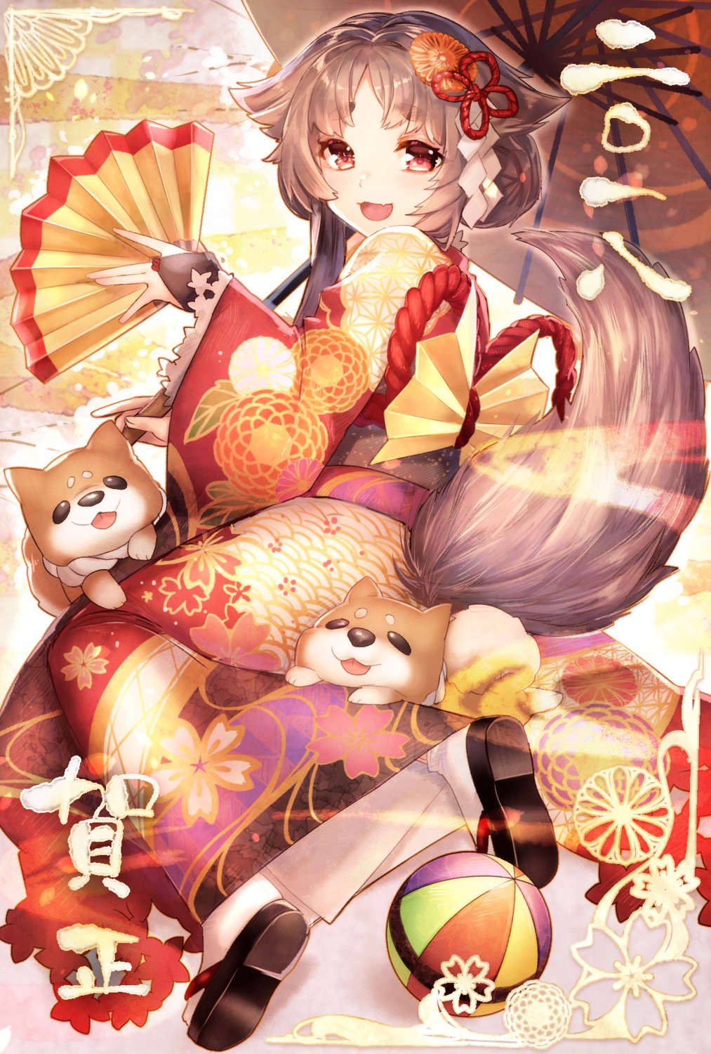 animal_ears, ayamori_mimi, kimono, tail, umbrella
