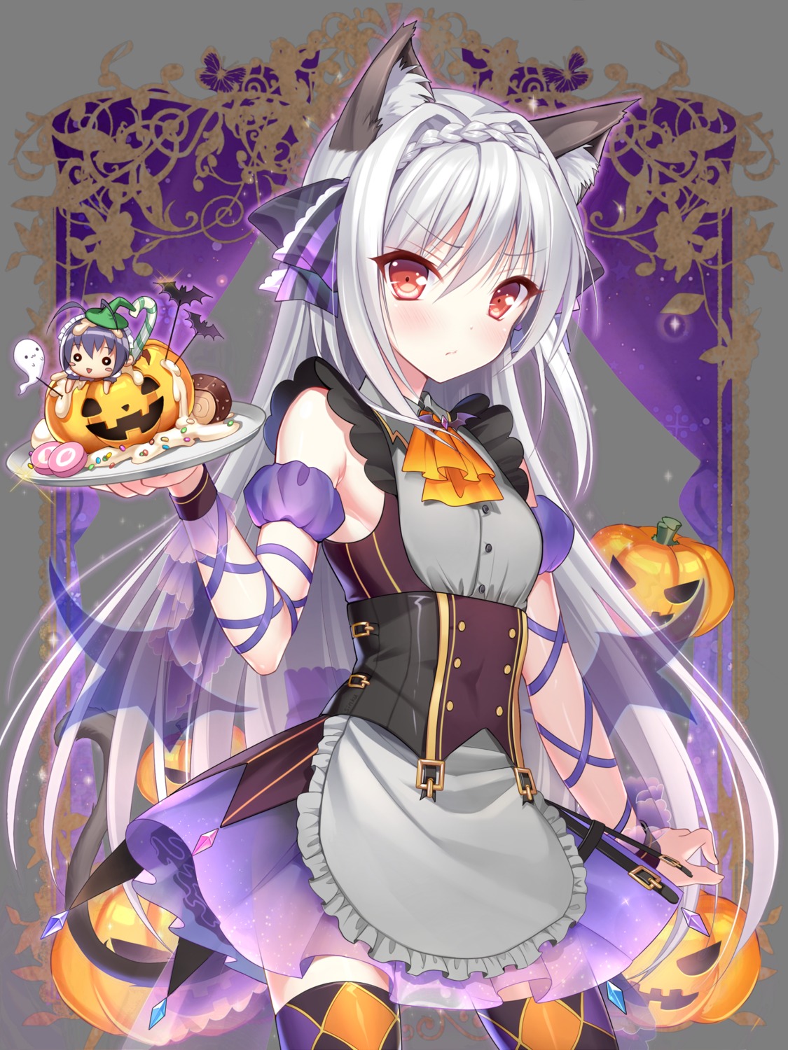 animal_ears, chibi, halloween, nekomimi, sakurakouji_luna, see_through, tail, thighhighs, transparent_png, tsuki_ni_yorisou_otome_no_sahou, waitress, wings, yadamon