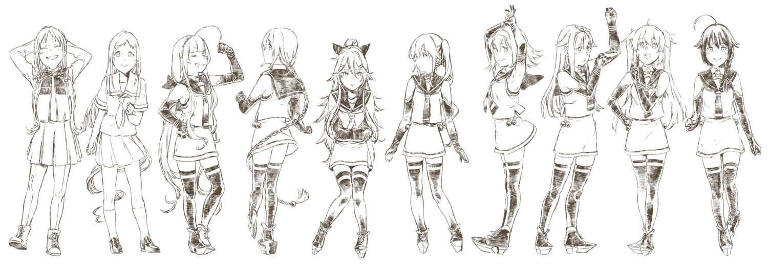 harusame_(kancolle), kantai_collection, kawakaze_(kancolle), monochrome, murasame_(kancolle), pantyhose, samidare_(kancolle), seifuku