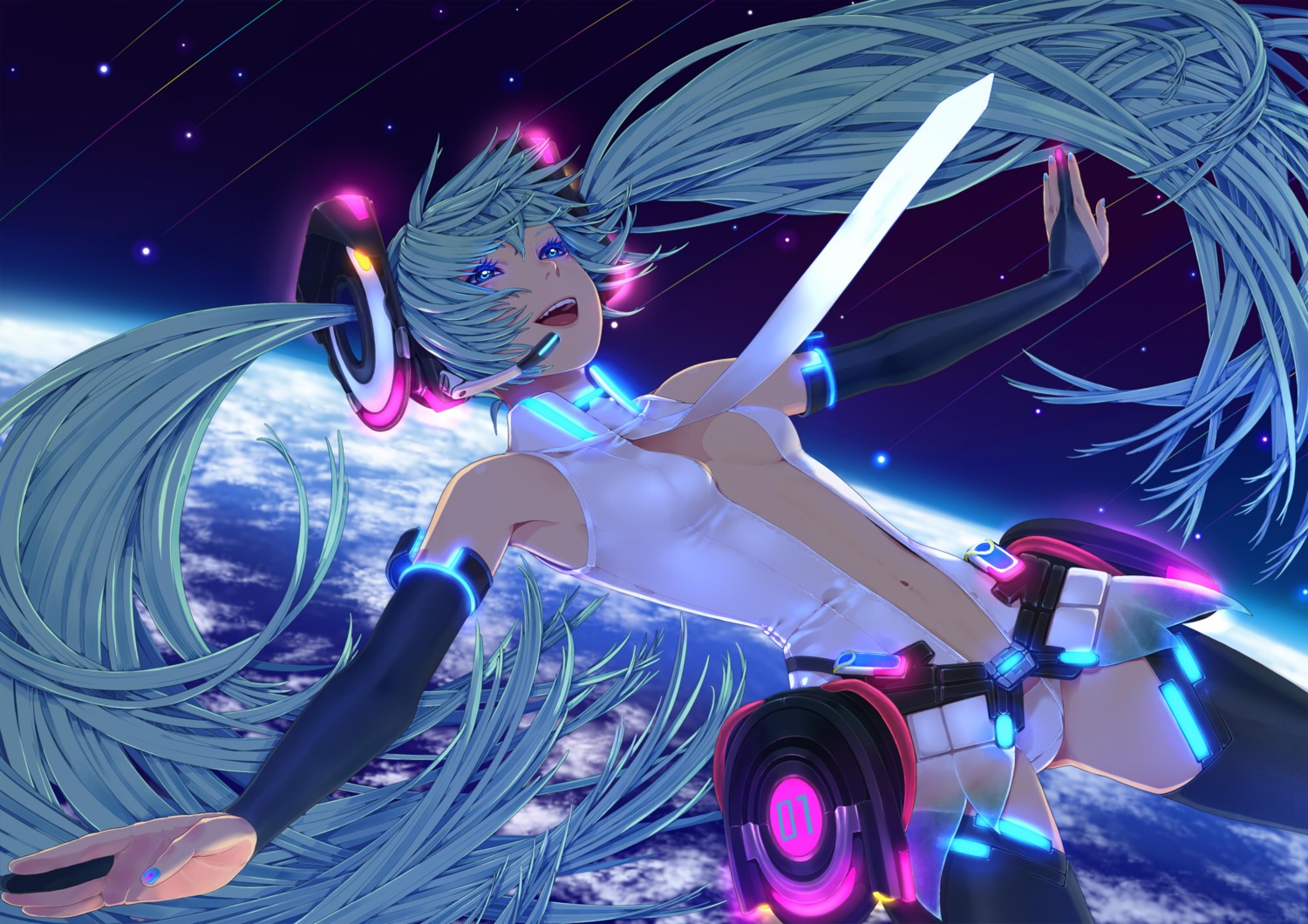 hatsune_miku, headphones, miku_append, nayu, no_bra, pantsu, thighhighs, vocaloid