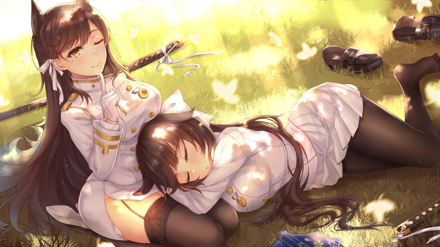 animal_ears, atago_(azur_lane), azur_lane, heels, pantyhose, stockings, sword, takao_(azur_lane), thighhighs, uniform, yuemanhuaikong