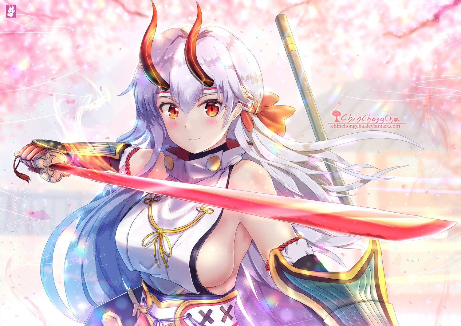 chinchongcha, fate/grand_order, horns, japanese_clothes, sword, tomoe_gozen_(fate)