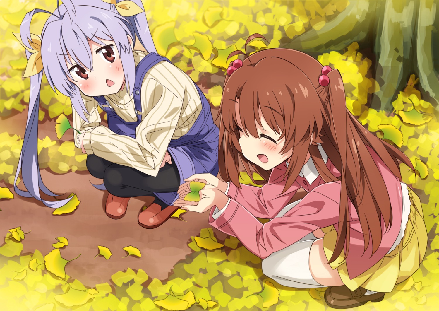 koshigaya_komari, miyauchi_renge, moso, non_non_biyori, overalls, pantyhose, sweater, thighhighs