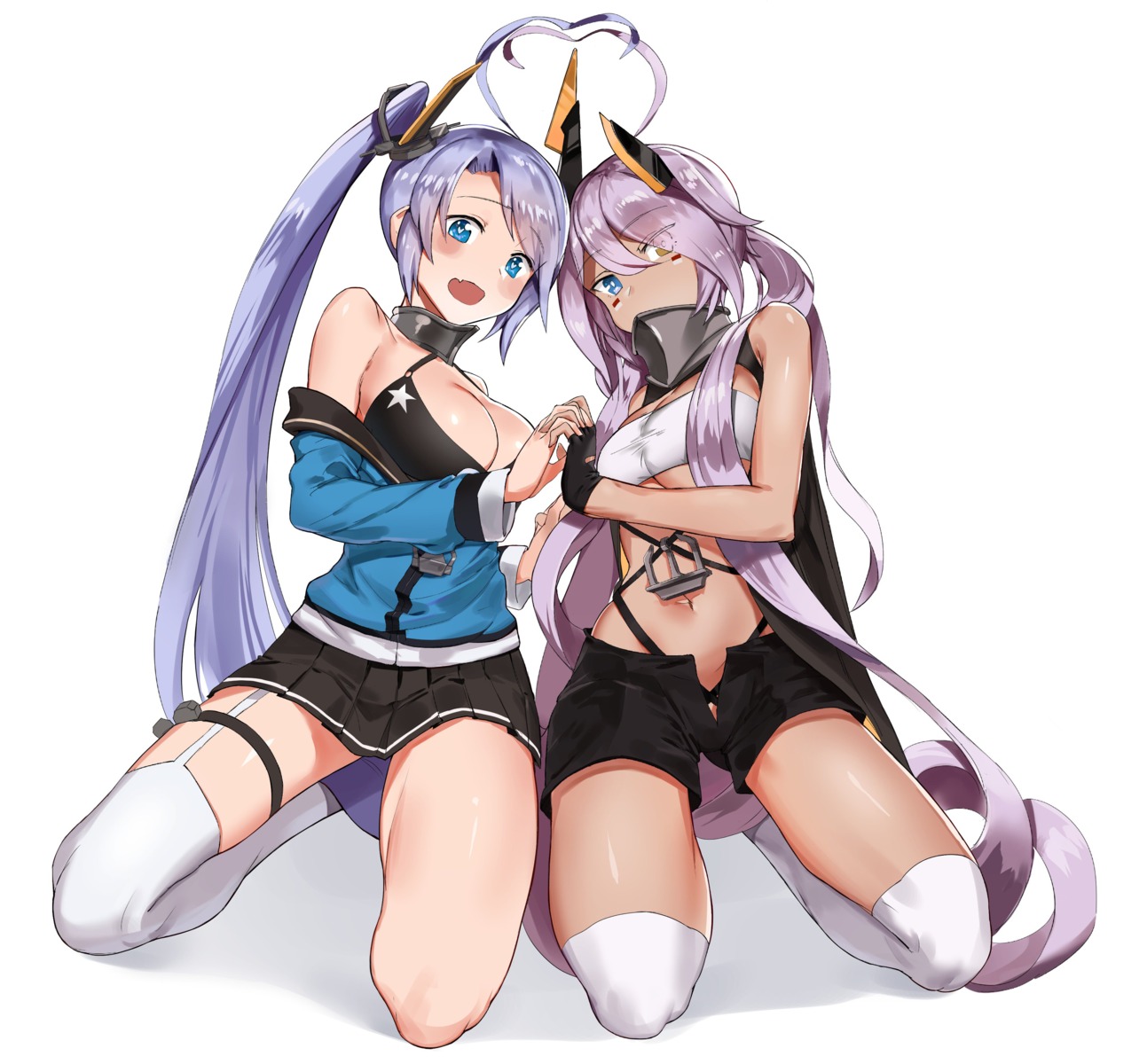 azur_lane, cleavage, garter, heterochromia, indianapolis_(azur_lane), open_shirt, portland_(azur_lane), ssamjang_(misosan)