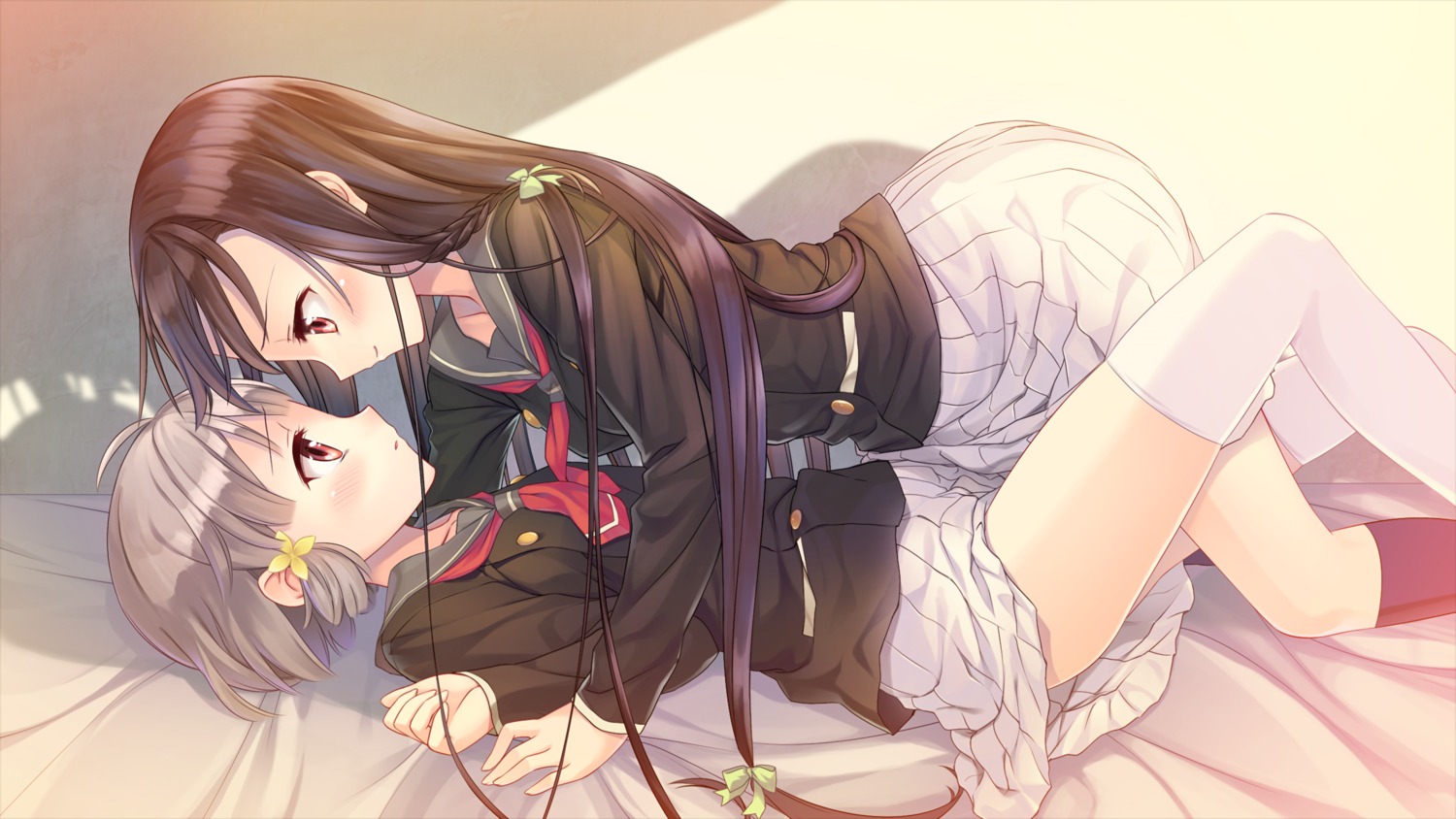 akatsuki_mao, game_cg, hiraoka_mutsuki, kamitsure_~7_no_nijou_fushigi~, libre, seifuku, thighhighs, yuri, yurigaoka_nanami