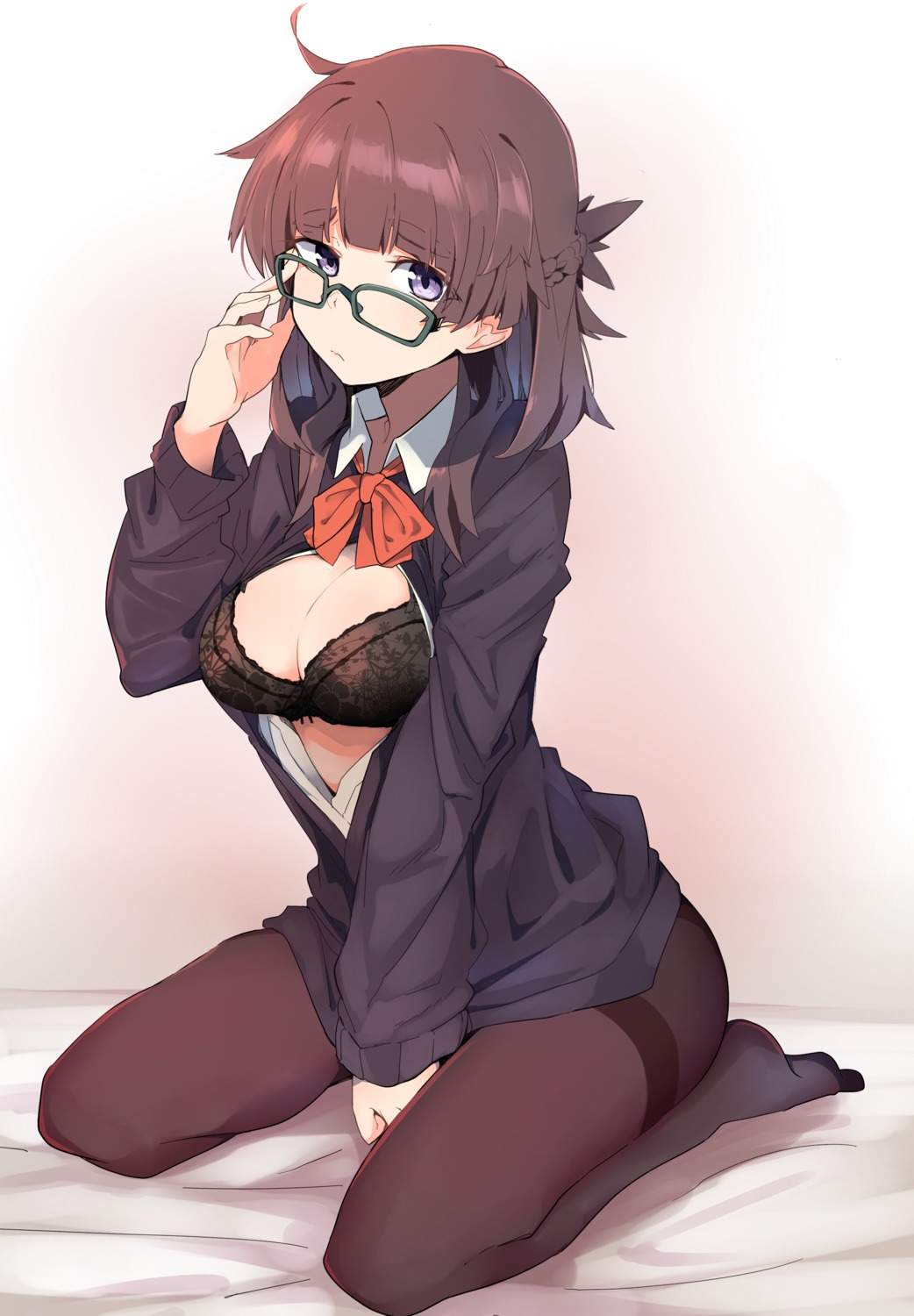 bra, cleavage, kazenoko, megane, open_shirt, pantyhose, seifuku, sweater