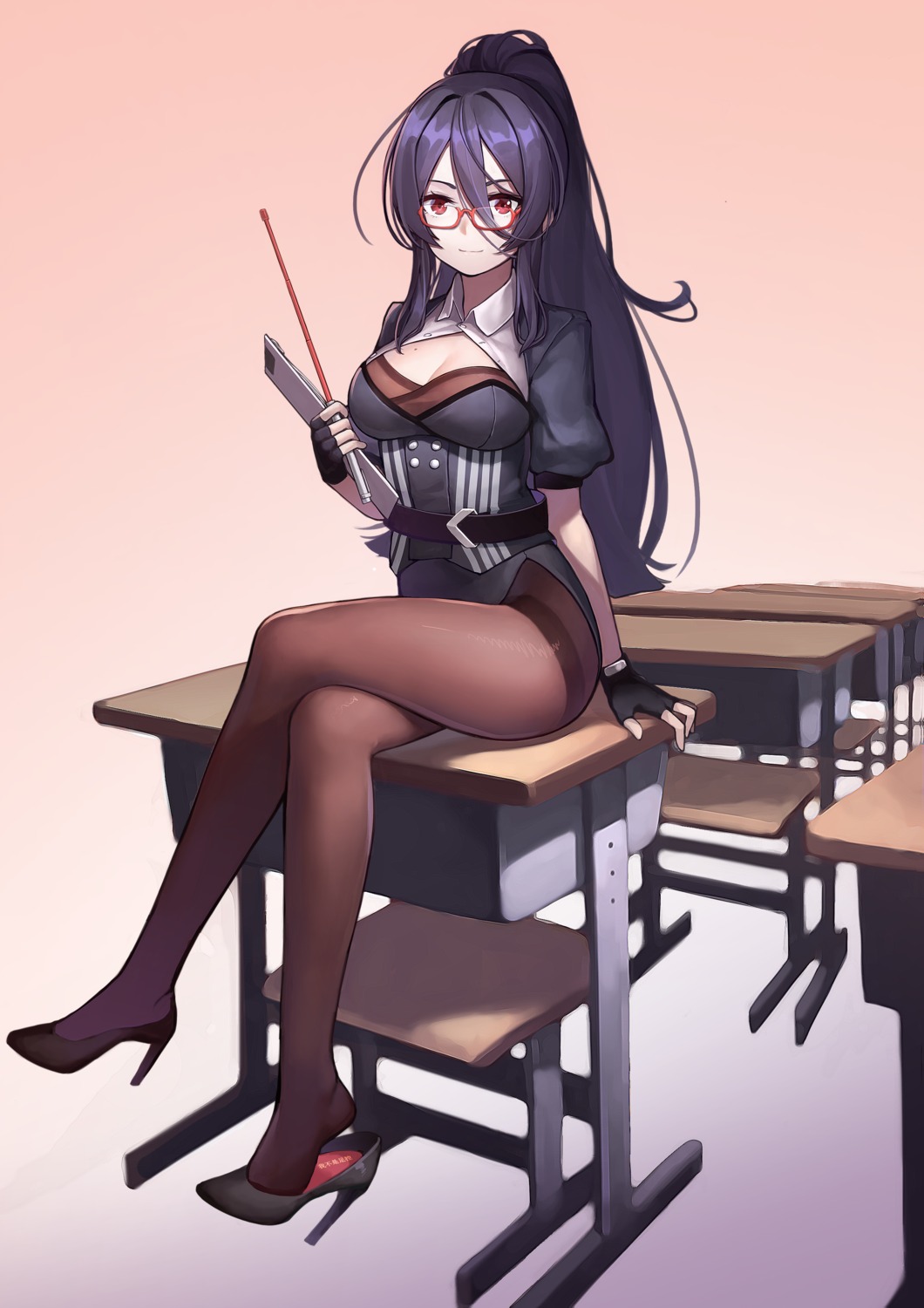 cleavage, heels, megane, pantyhose, qiongsheng
