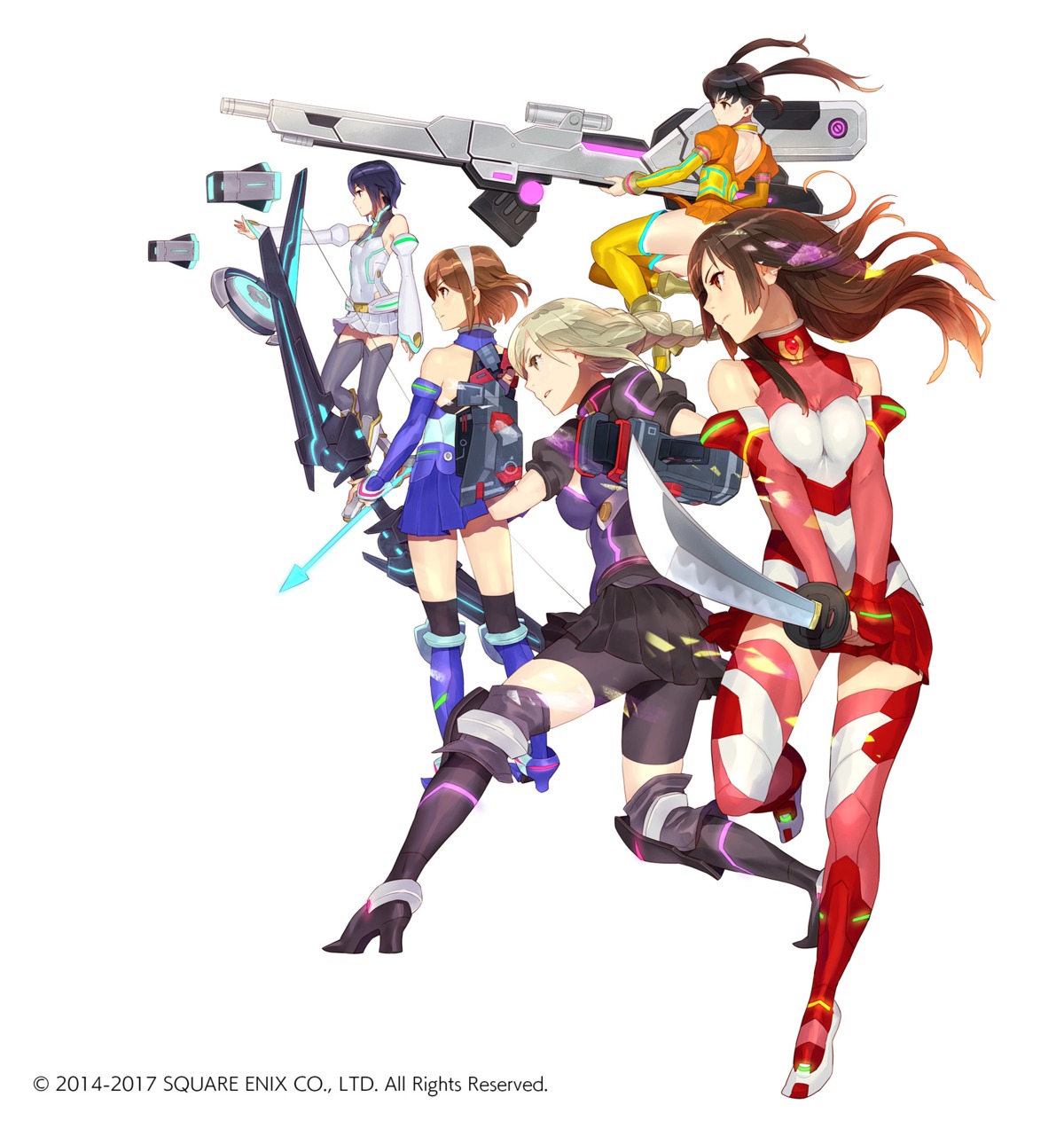 bodysuit, gun, heels, miyama_tsubame, namori_mana, sajima_yuumi, school_girl_strikers, sumihara_satoka
