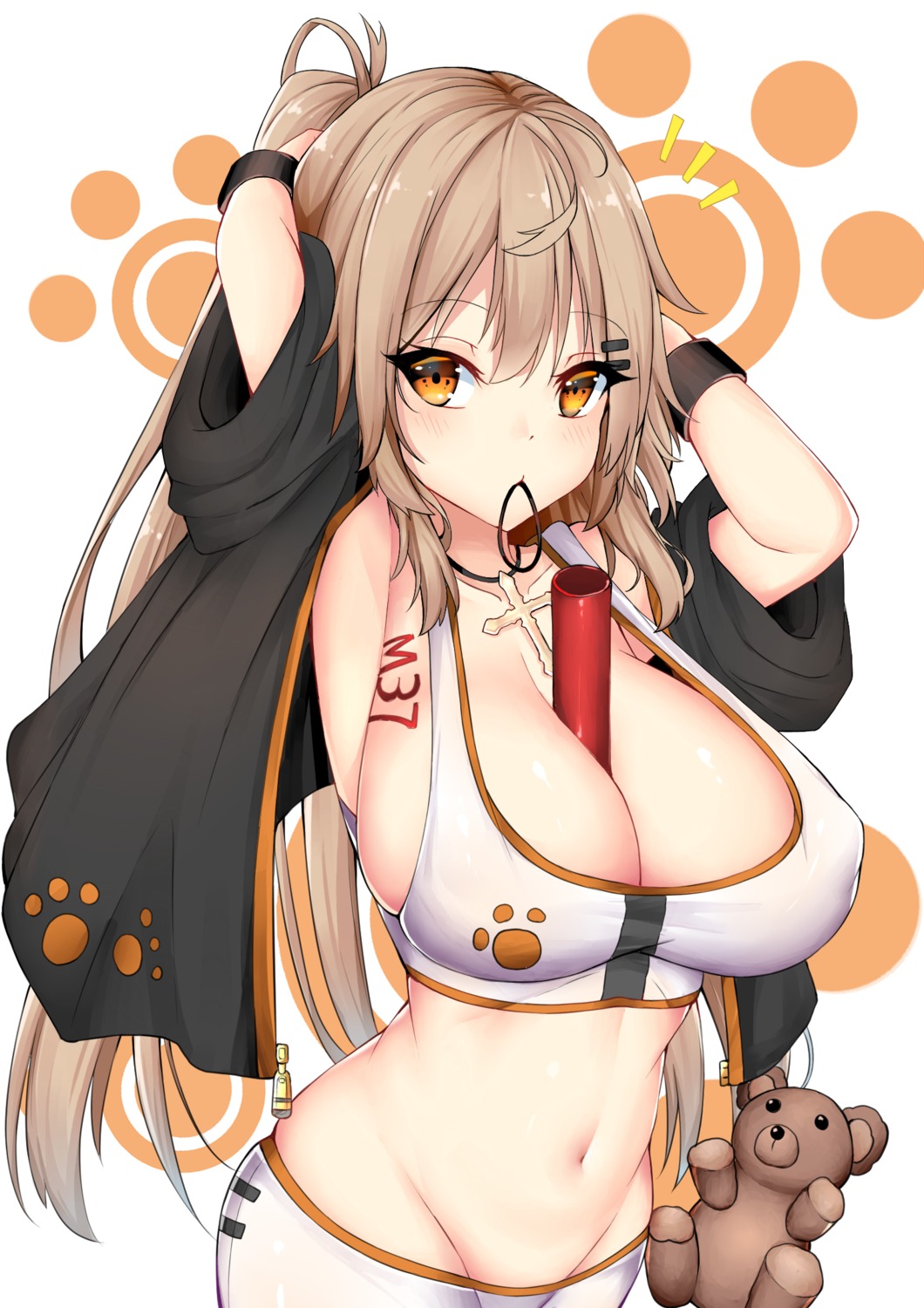 chixiao, cleavage, girls_frontline, ithaca_m37_(girls_frontline), open_shirt, tattoo