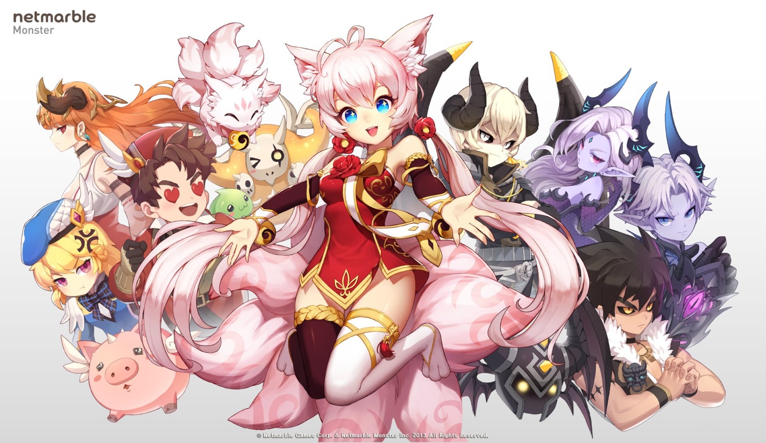 akamu, animal_ears, asian_clothes, horns, monster_taming_for_kakao, netmarble_games, pointy_ears, tail, thighhighs, wings
