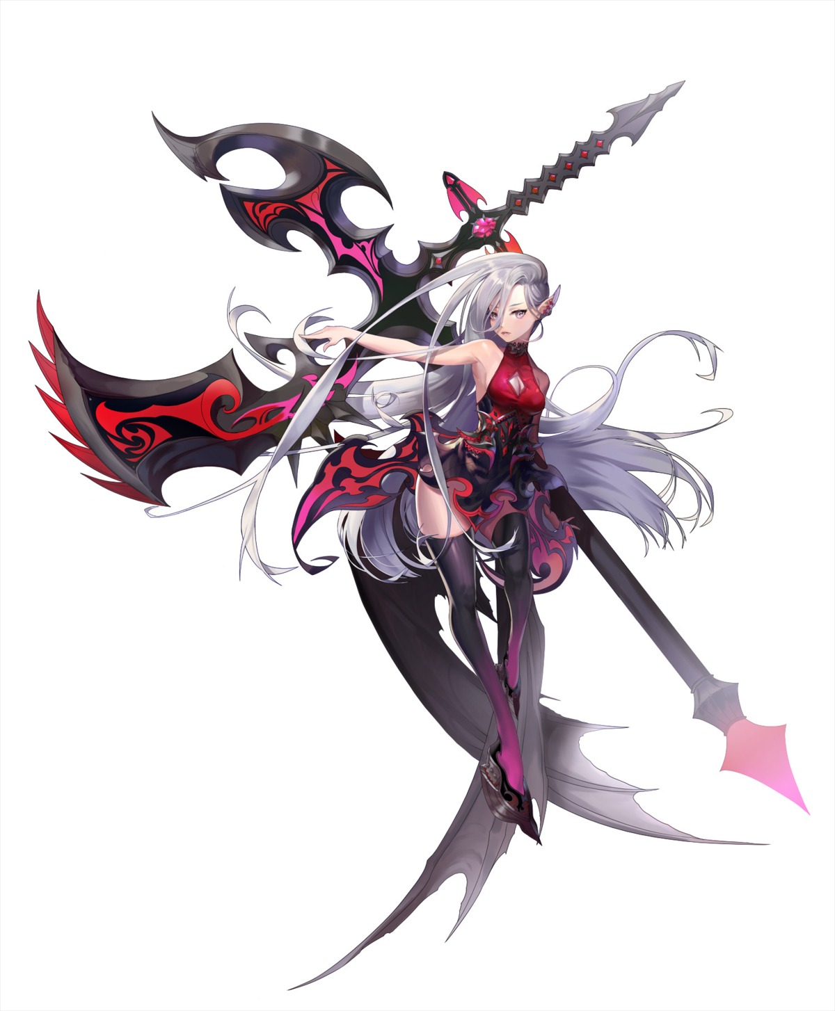 cleavage, dress, pointy_ears, sindy, thighhighs, weapon