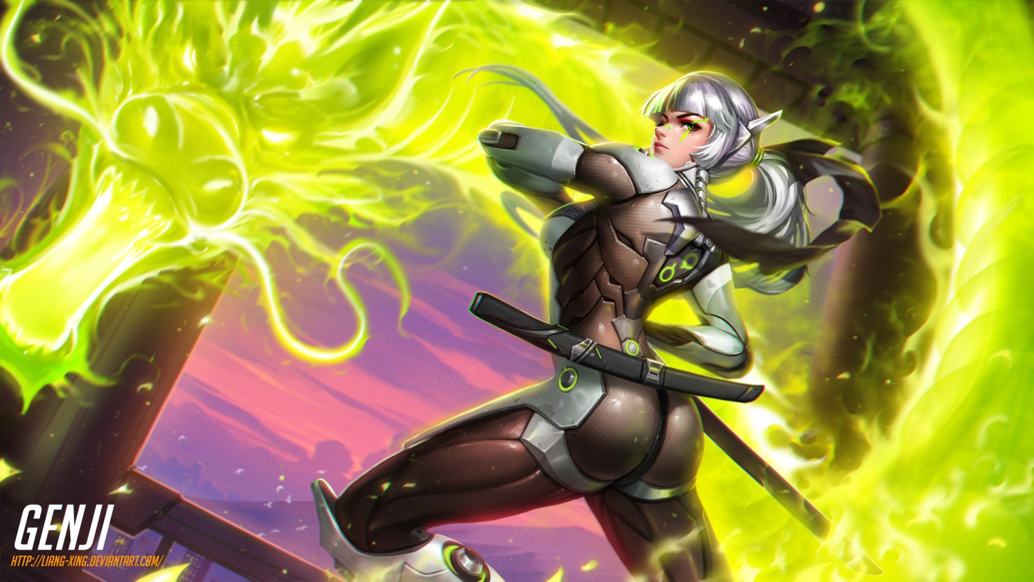 ass, bodysuit, genderswap, genji_(overwatch), liang_xing, monster, overwatch, sword