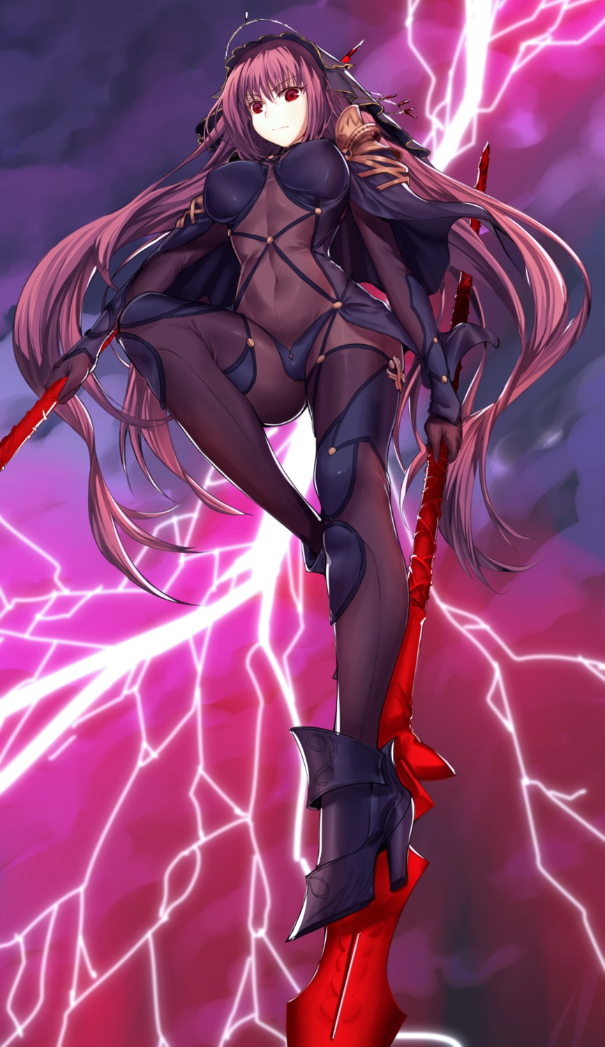 armor, bodysuit, fate/grand_order, heels, onceskylark, scathach_(fate), weapon