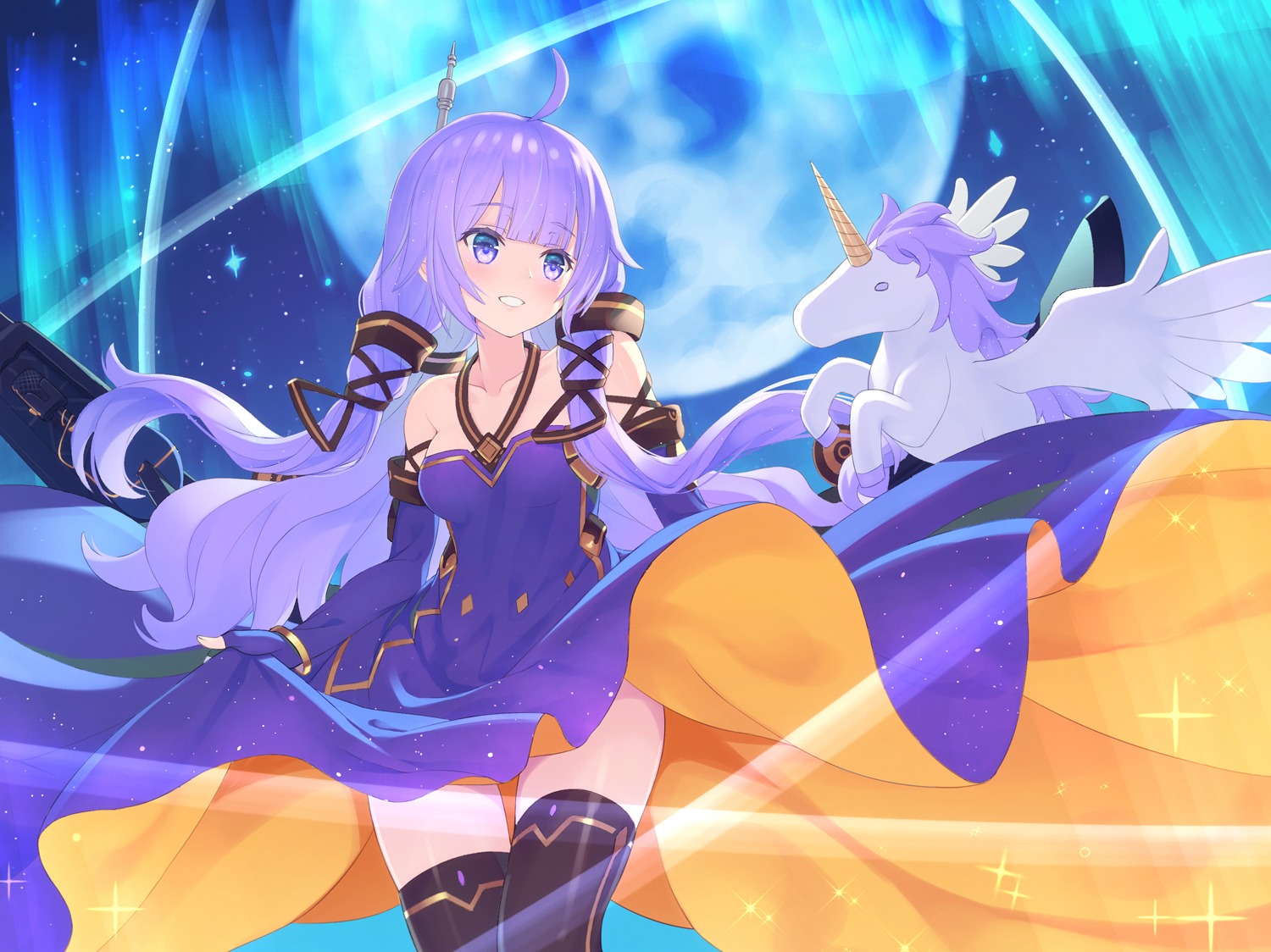azur_lane, cosplay, dress, kaina_(tsubasakuronikuru), skirt_lift, stardust_(vocaloid), thighhighs, unicorn_(azur_lane)