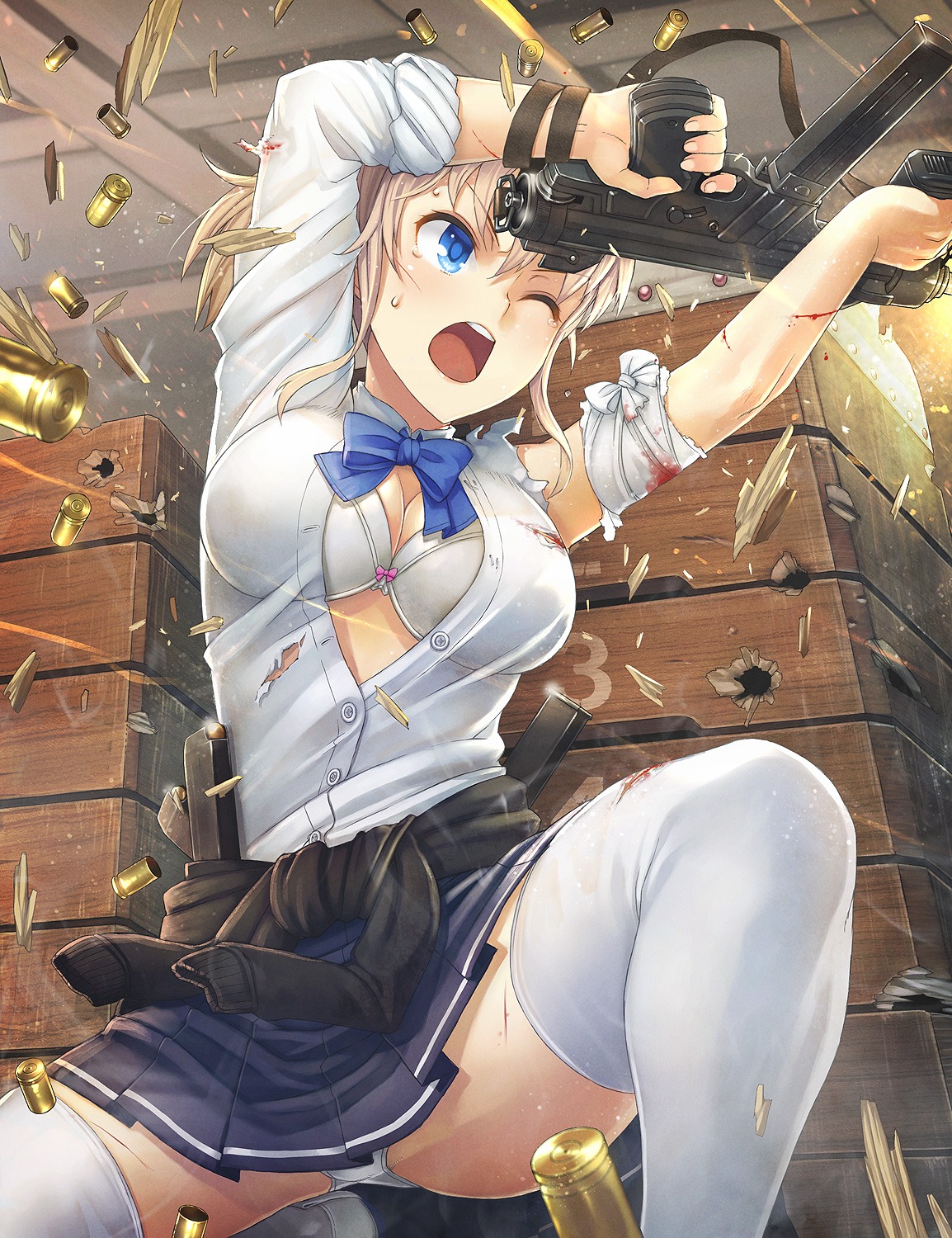 bandages, blood, bra, cleavage, gun, itou_(onsoku_tassha), open_shirt, pantsu, seifuku, thighhighs, torn_clothes