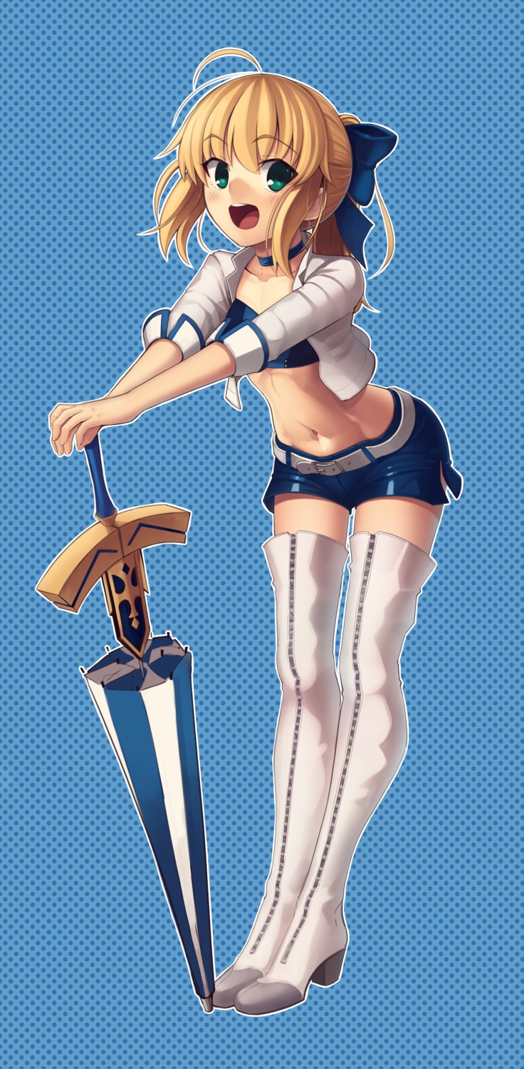 artoria_pendragon_(fate), boa_(4chan), fate/stay_night, heels, open_shirt, thighhighs, umbrella