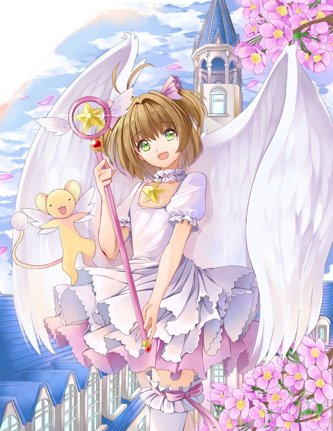 card_captor_sakura, dress, kerberos, kinomoto_sakura, thighhighs, weapon, wings, yuutarou_(pixiv822664)
