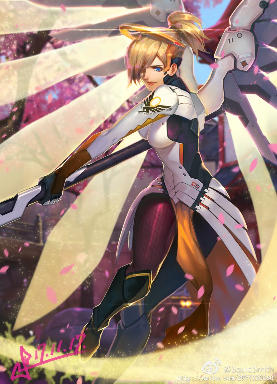 bodysuit, mercy_(overwatch), overwatch, squidsmith, weapon, wings
