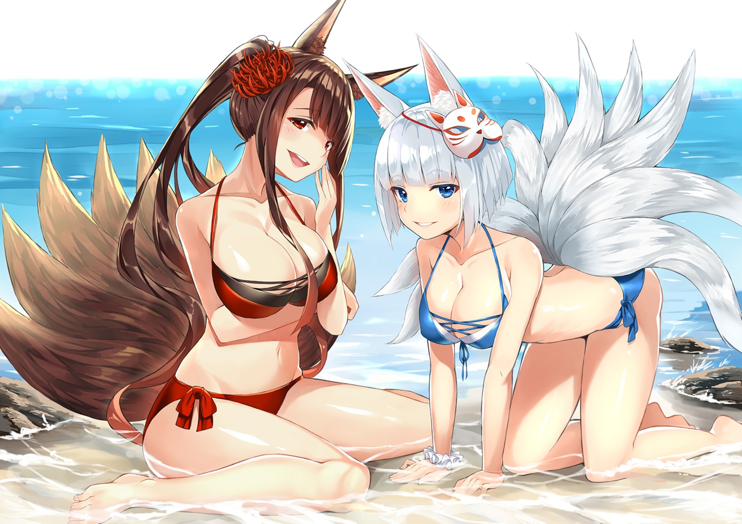 akagi_(azur_lane), animal_ears, azur_lane, bikini, cleavage, kaga_(azur_lane), kitsune, shitou_(1992116210), swimsuits, tail, wet