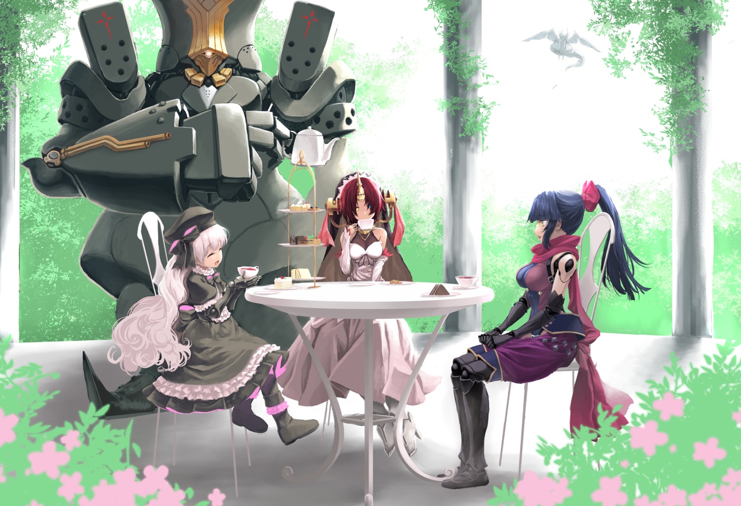armor, charles_babbage_(fate/grand_order), dress, fate/grand_order, frankenstein's_monster_(fate), heels, horns, katou_danzou_(fate), kohige, mecha, nursery_rhyme_(fate/extra)