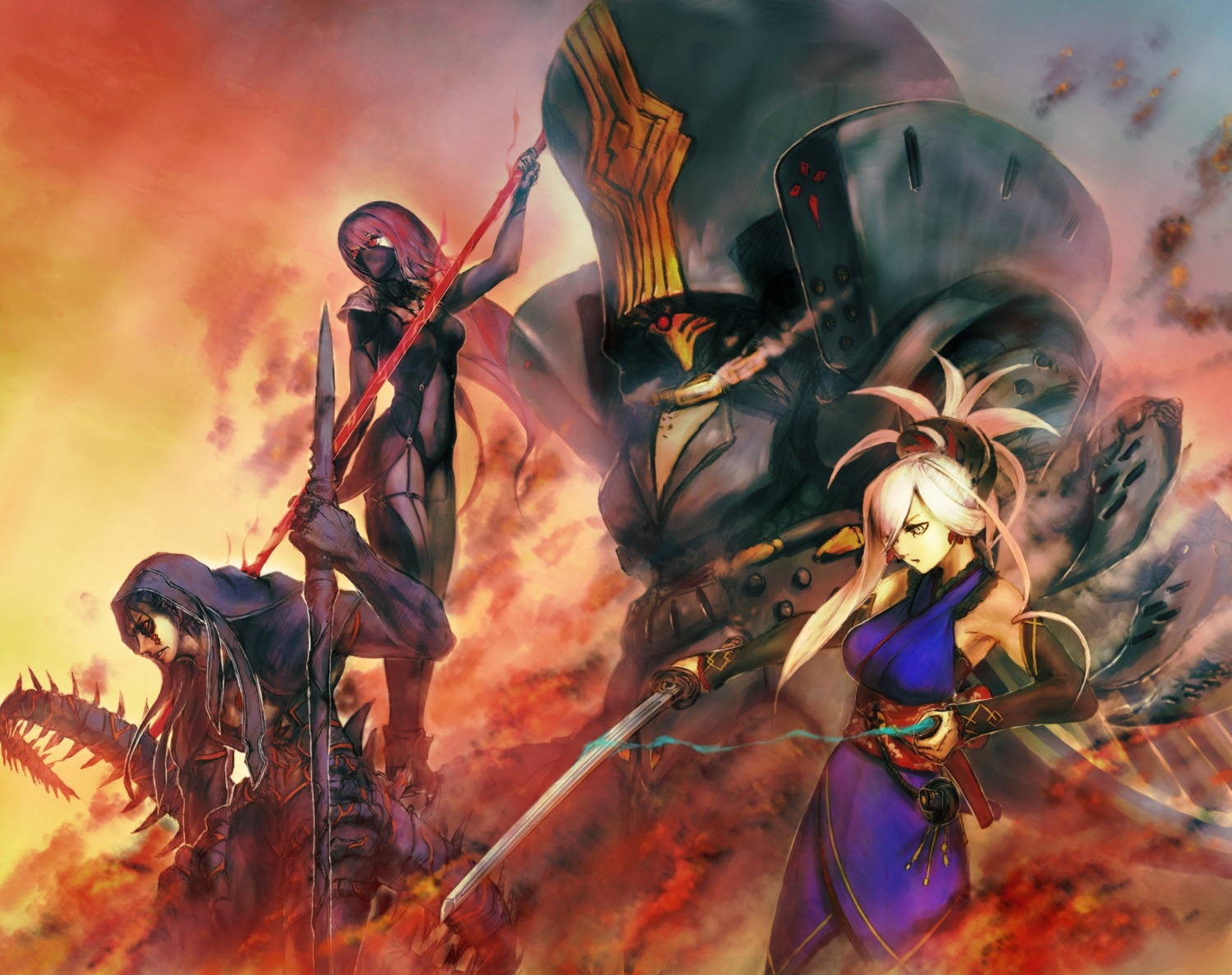 armor, bodysuit, charles_babbage_(fate/grand_order), cu_chulainn_alter_(fate), fate/grand_order, japanese_clothes, mecha, miyamoto_musashi_(fate), morino_hiro, scathach_(fate), sword, weapon