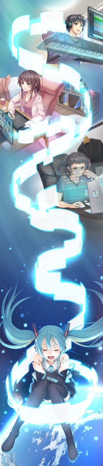 hatsune_miku, headphones, imo_bouya, thighhighs, vocaloid