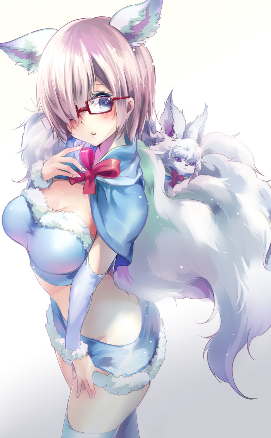 animal_ears, cath_palug_(fate), cleavage, fate/grand_order, mash_kyrielight, megane, tail, thighhighs, yache