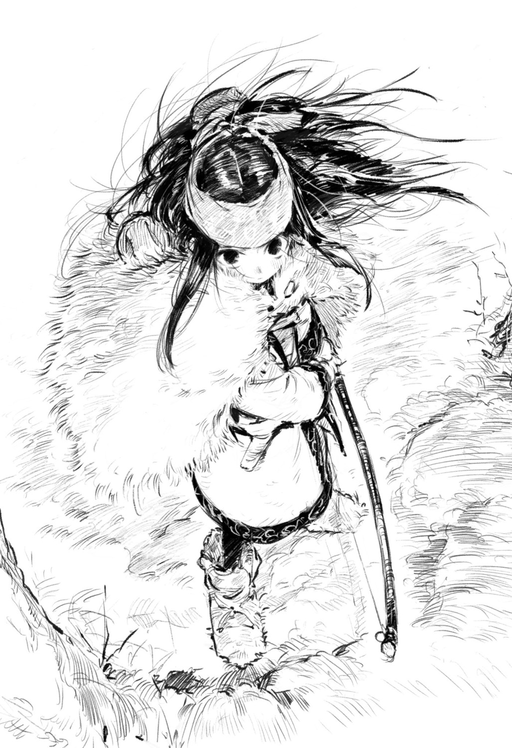 asirpa, chomoran, golden_kamuy, monochrome, sketch, weapon