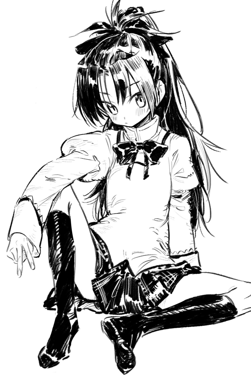 chomoran, feet, mahou_shoujo_madoka_magica, monochrome, sakura_kyouko, seifuku, sketch