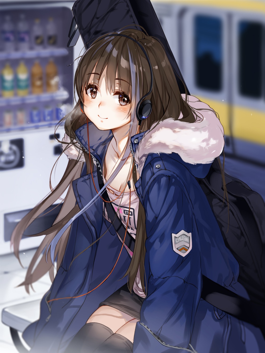cleavage, headphones, starpri, thighhighs, torn_clothes