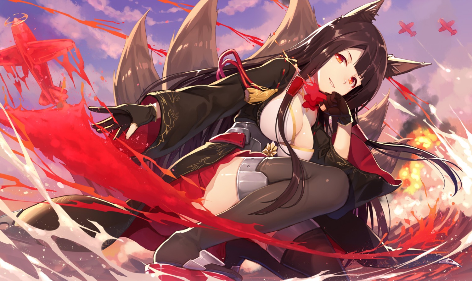 akagi_(azur_lane), animal_ears, azur_lane, kibamigohann, kitsune, tail, thighhighs