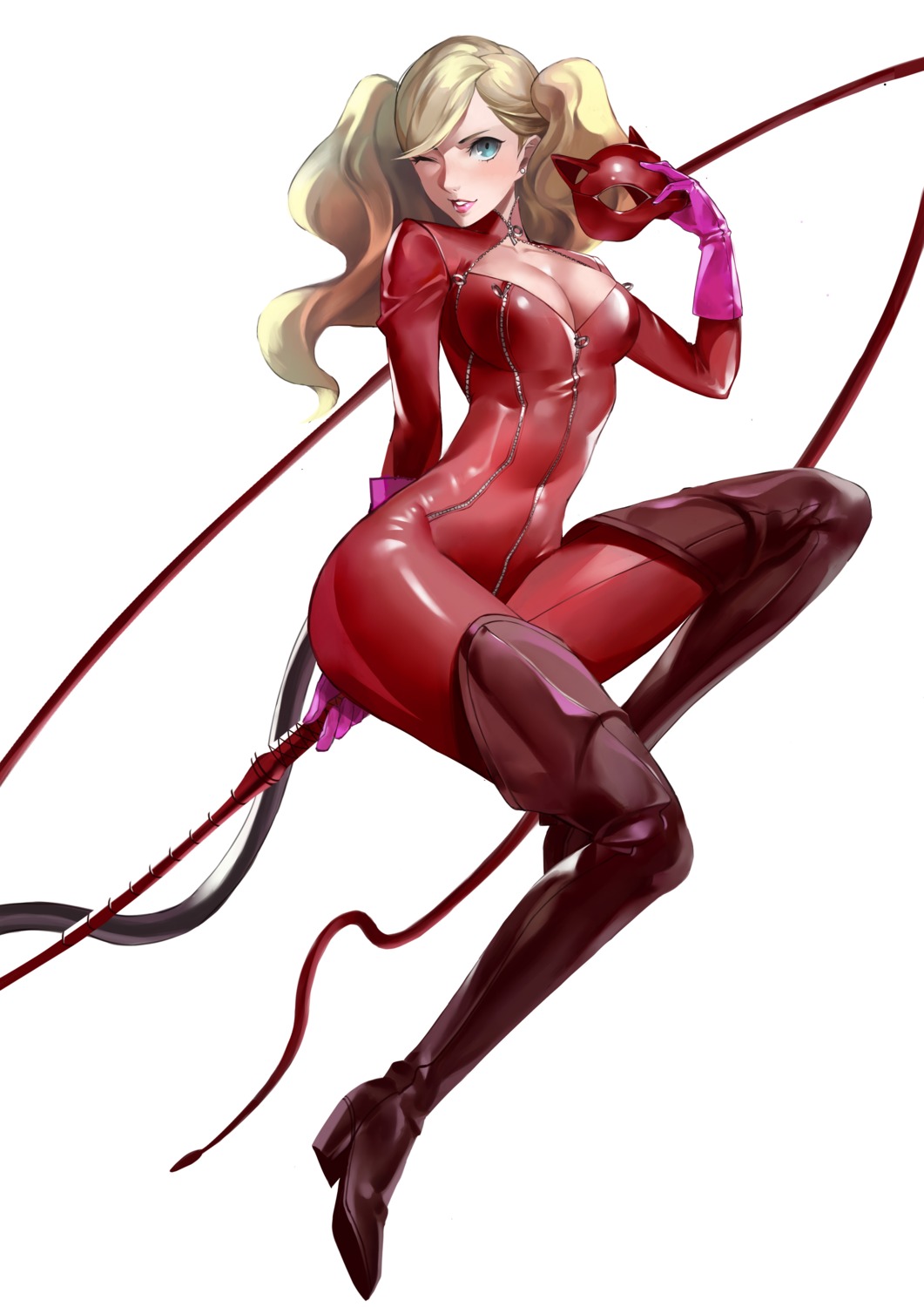bodysuit, cleavage, heels, jiji_(pixiv10646874), persona_5, takamaki_anne, weapon