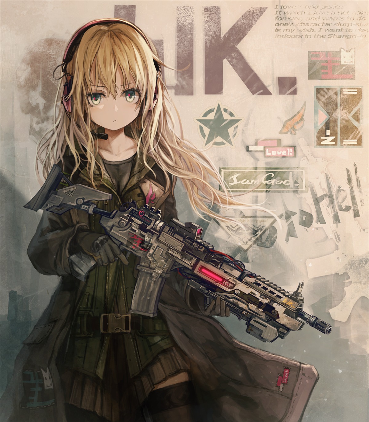 gun, headphones, scyze, thighhighs