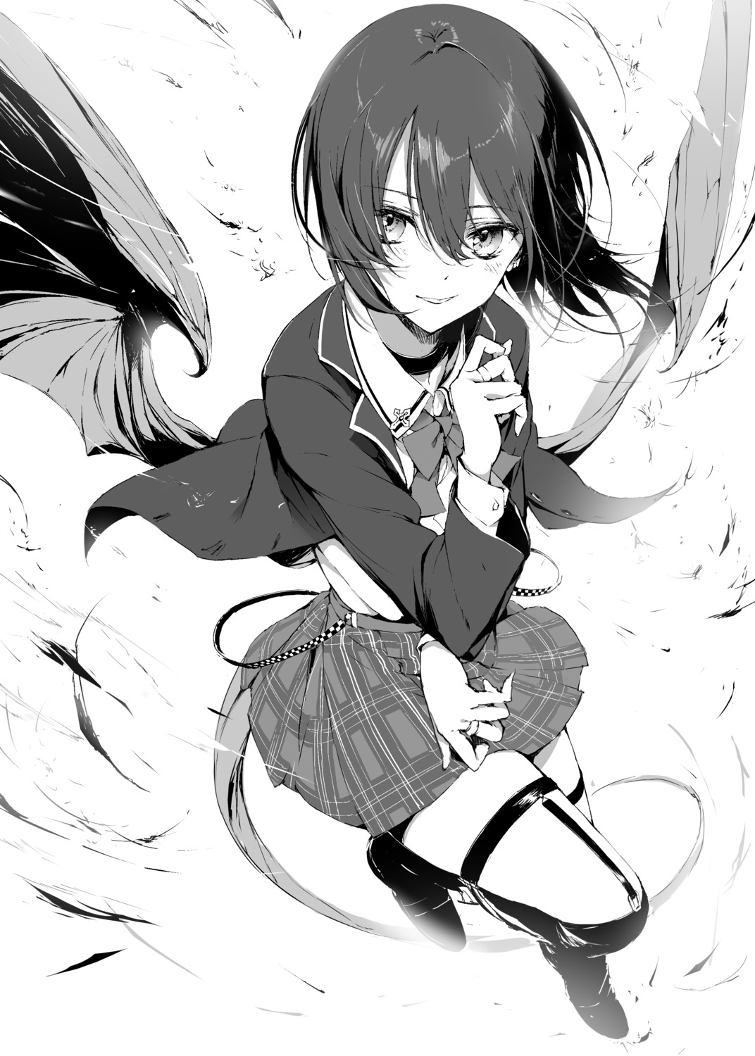 monochrome, nagahara, seifuku, stockings, thighhighs, wings