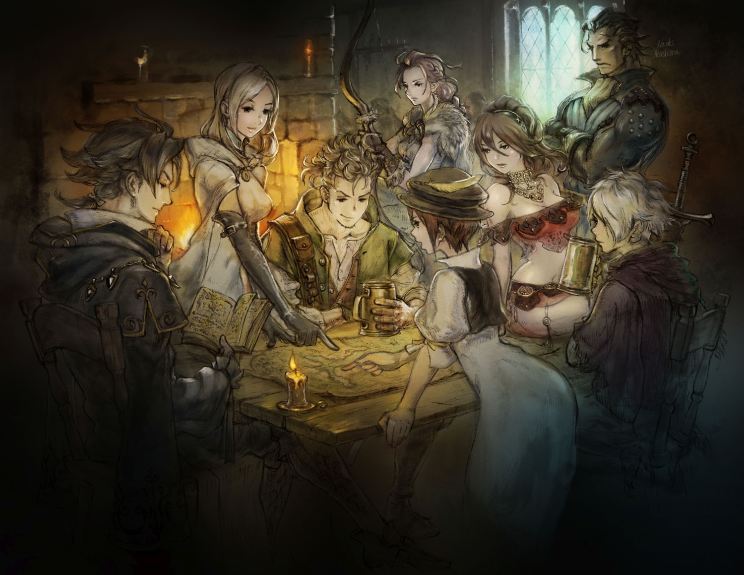 armor, cleavage, dress, primrose_azelhart, project_octopath_traveler, square_enix, sword, tagme, weapon
