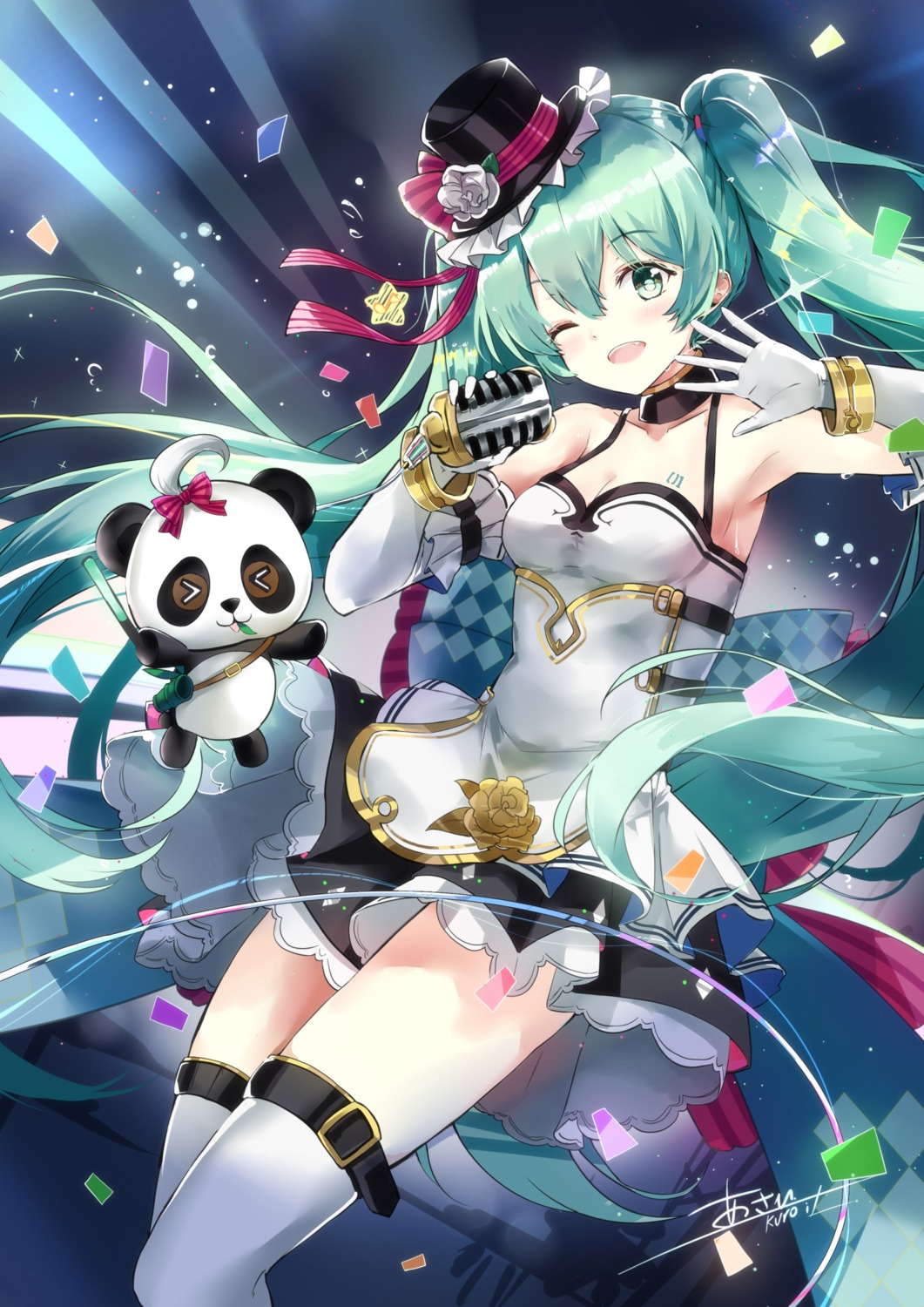asahi_kuroi, cleavage, hatsune_miku, hatsune_miku_with_you, tattoo, thighhighs, vocaloid