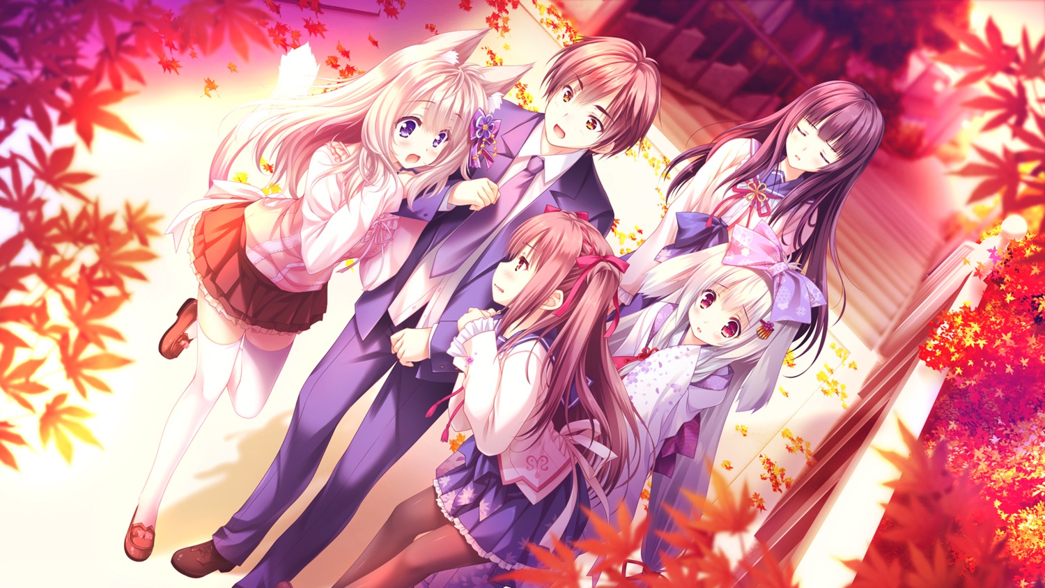animal_ears, game_cg, ikaruga_kazuha, japanese_clothes, kinari_momiji, lump_of_sugar, moekibara_fumitake, pantyhose, sasaura_suzuna, seifuku, tail, tarumi_konoha, thighhighs, yorite_konoha_wa_kurenai_ni