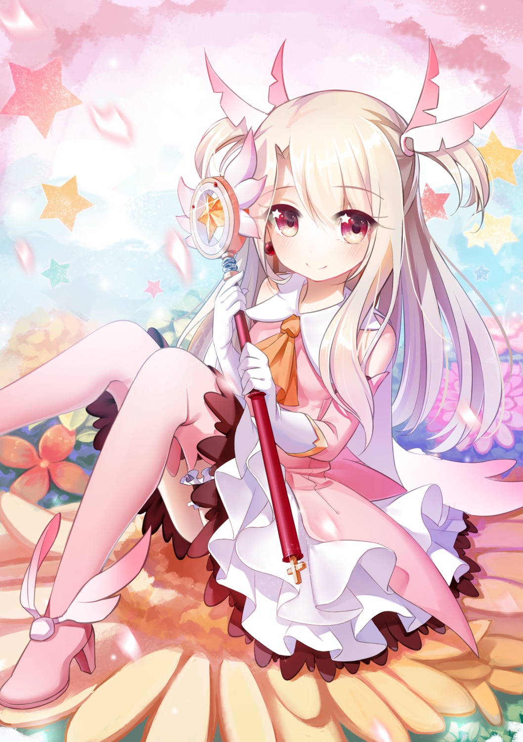 akihara_nozomi, dress, fate/kaleid_liner_prisma_illya, fate/stay_night, heels, illyasviel_von_einzbern, thighhighs, weapon