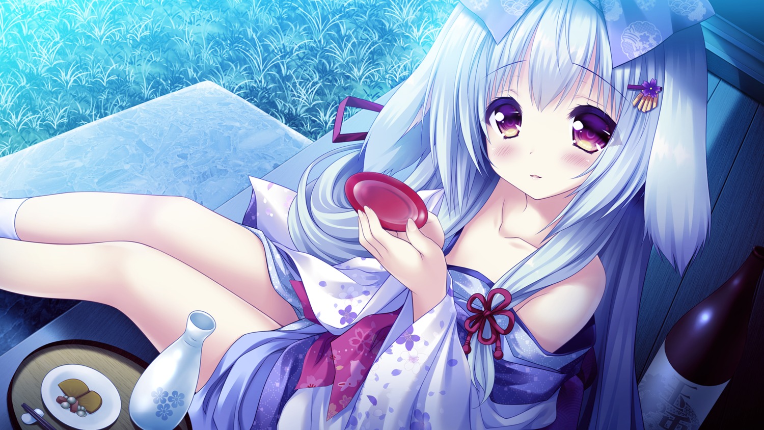 animal_ears, game_cg, japanese_clothes, lump_of_sugar, moekibara_fumitake, open_shirt, sake, tarumi_konoha, yorite_konoha_wa_kurenai_ni