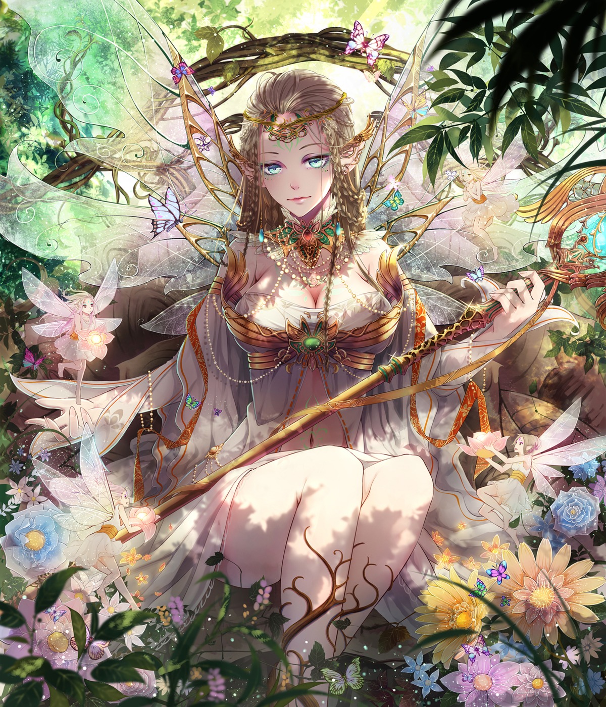 cleavage, fairy, pointy_ears, wait, weapon, wings