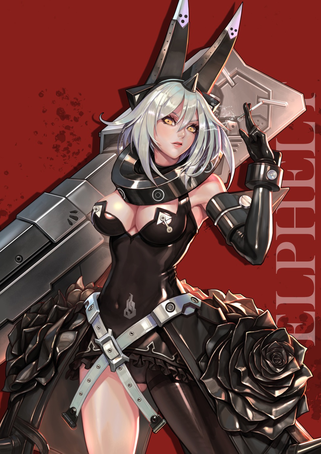 animal_ears, cleavage, daejun_park, elphelt_valentine, guilty_gear, horns, smoking, weapon
