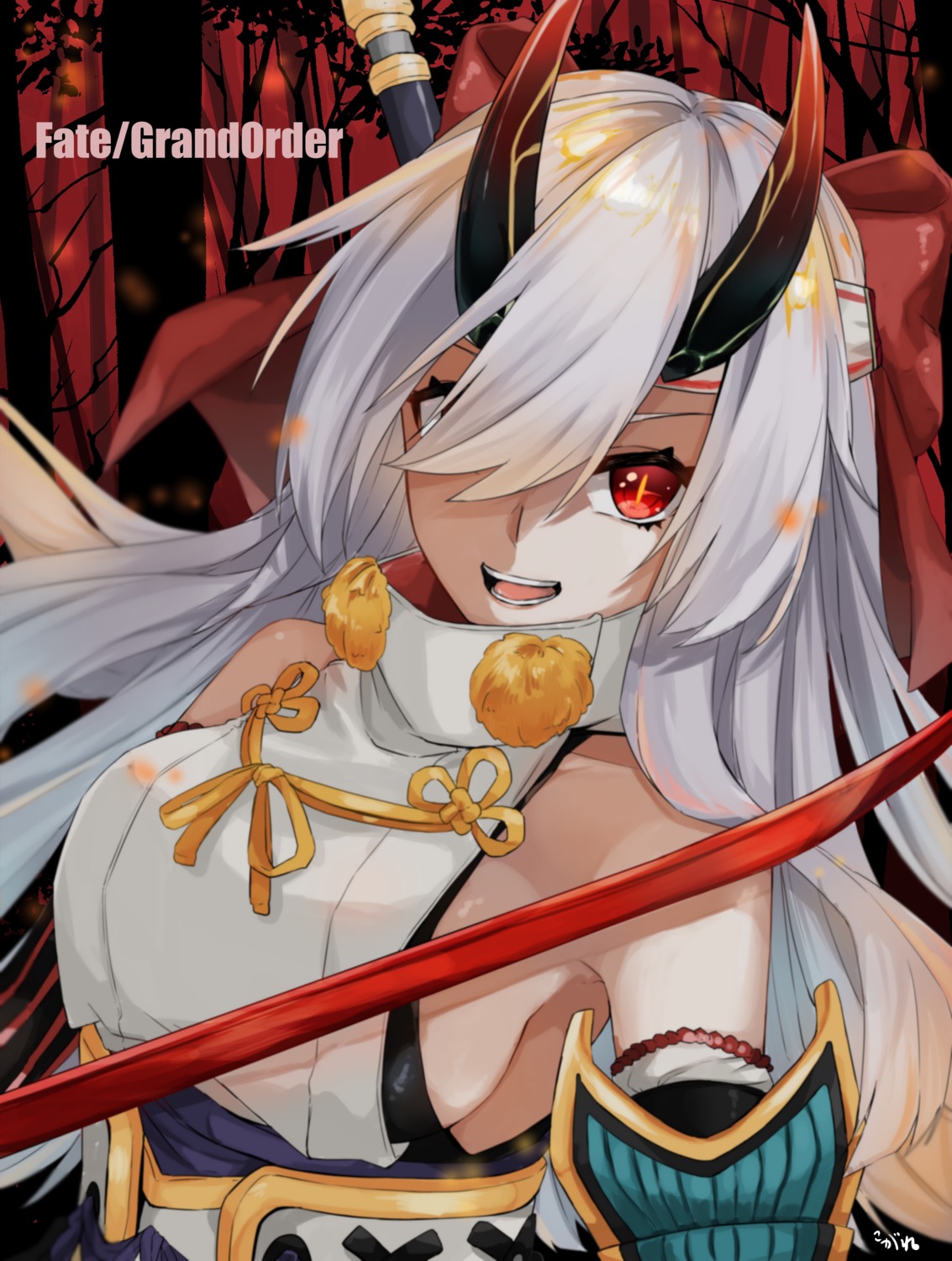 armor, fate/grand_order, horns, kogeta_kaori, sword, tomoe_gozen_(fate)