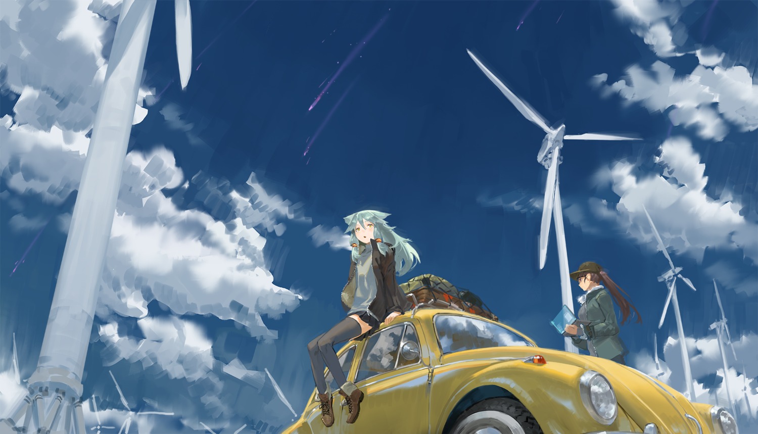 animal_ears, kare_huang, landscape, megane, thighhighs