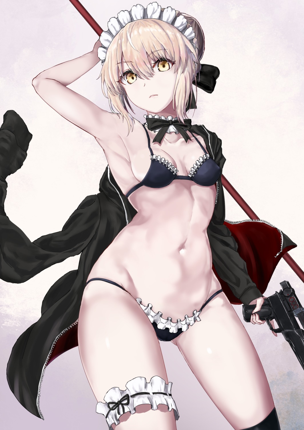 artoria_pendragon_(fate), artoria_pendragon_alter_(fate), bikini, cleavage, fate/grand_order, garter, gun, maid, nozoyuki, swimsuits, thighhighs