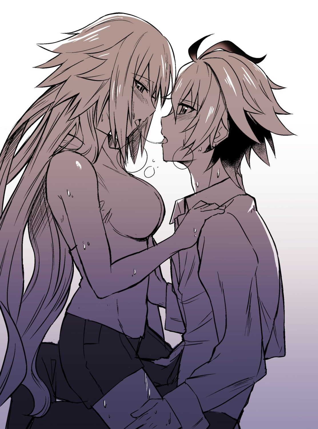 fate/apocrypha, fate/stay_night, jeanne_d'arc, jeanne_d'arc_(fate), monochrome, nyorotono, sieg_(fate/apocrypha), sketch, thighhighs