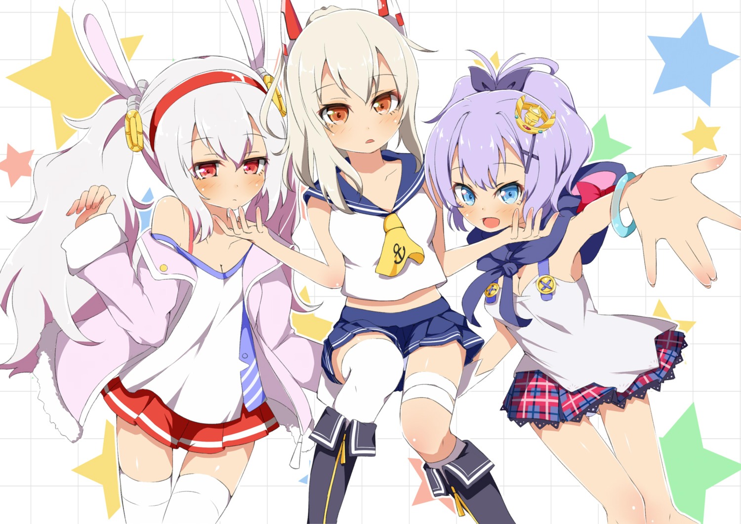 animal_ears, ayanami_(azur_lane), azur_lane, bunny_ears, cleavage, javelin_(azur_lane), laffey_(azur_lane), pantsu, seifuku, thighhighs, yuimari